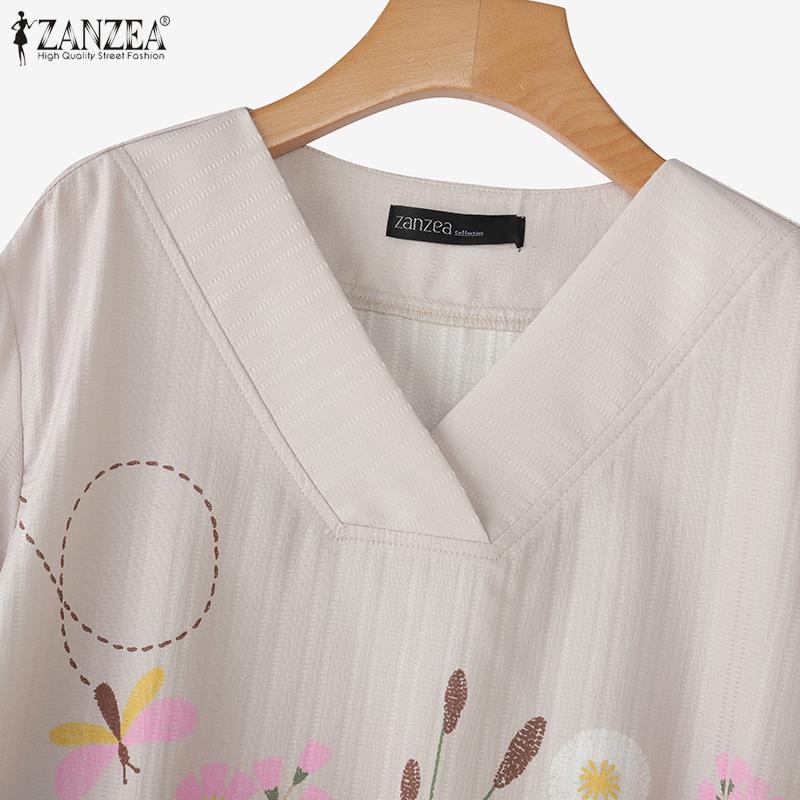 ZANZEA Women Casual V-Neck 3/4 Sleeve Loose Floral Blouse