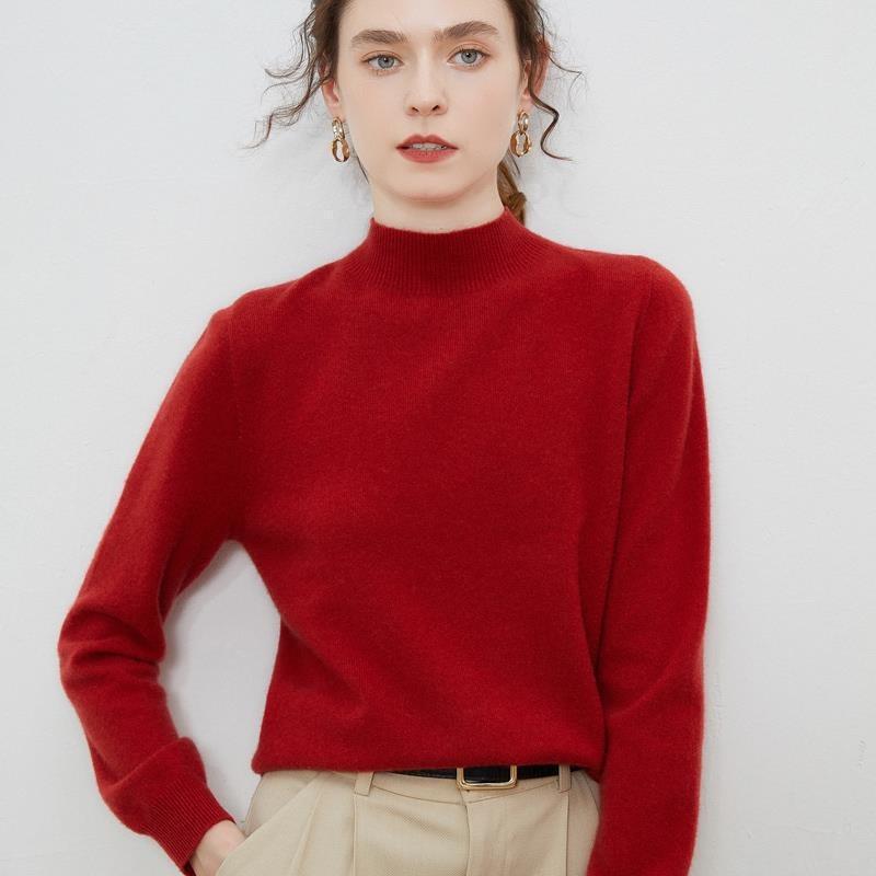 Осенне-зимний женский свитер с высоким воротником свитер из 100 чистой шерсти свободный тонкий свитер однотонная нижняя рубашка с длинными рукавами S красный 4990₽