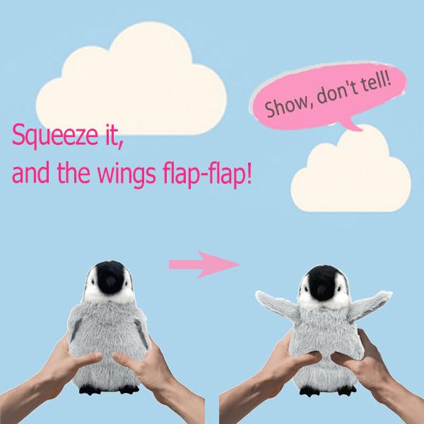 FLUFFYFUN 25cm Lifelike Penguin Plush Toy with Flapping Wings, Interactive Toy (Squeeze Belly to Move), Perfect Birthday Gift for Kids