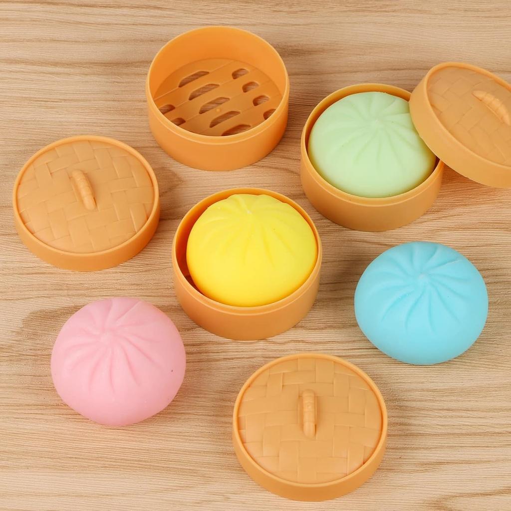 Colorful Dumpling Squishes Stress Balls Fidget Sensory Toys Simulation Food Squishies Bun with Steamer Squeeze Dough Ball Gifts