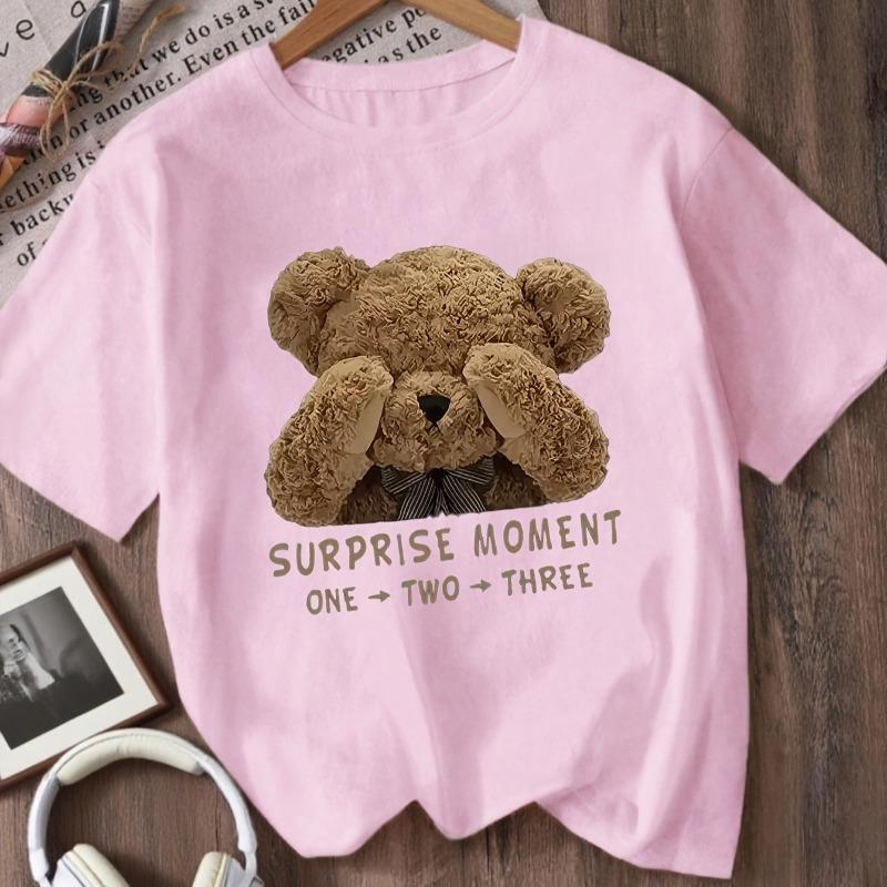 Kids Crewneck Short Sleeve Tee, Cute Bear Covering Face Print Summer Casual Top