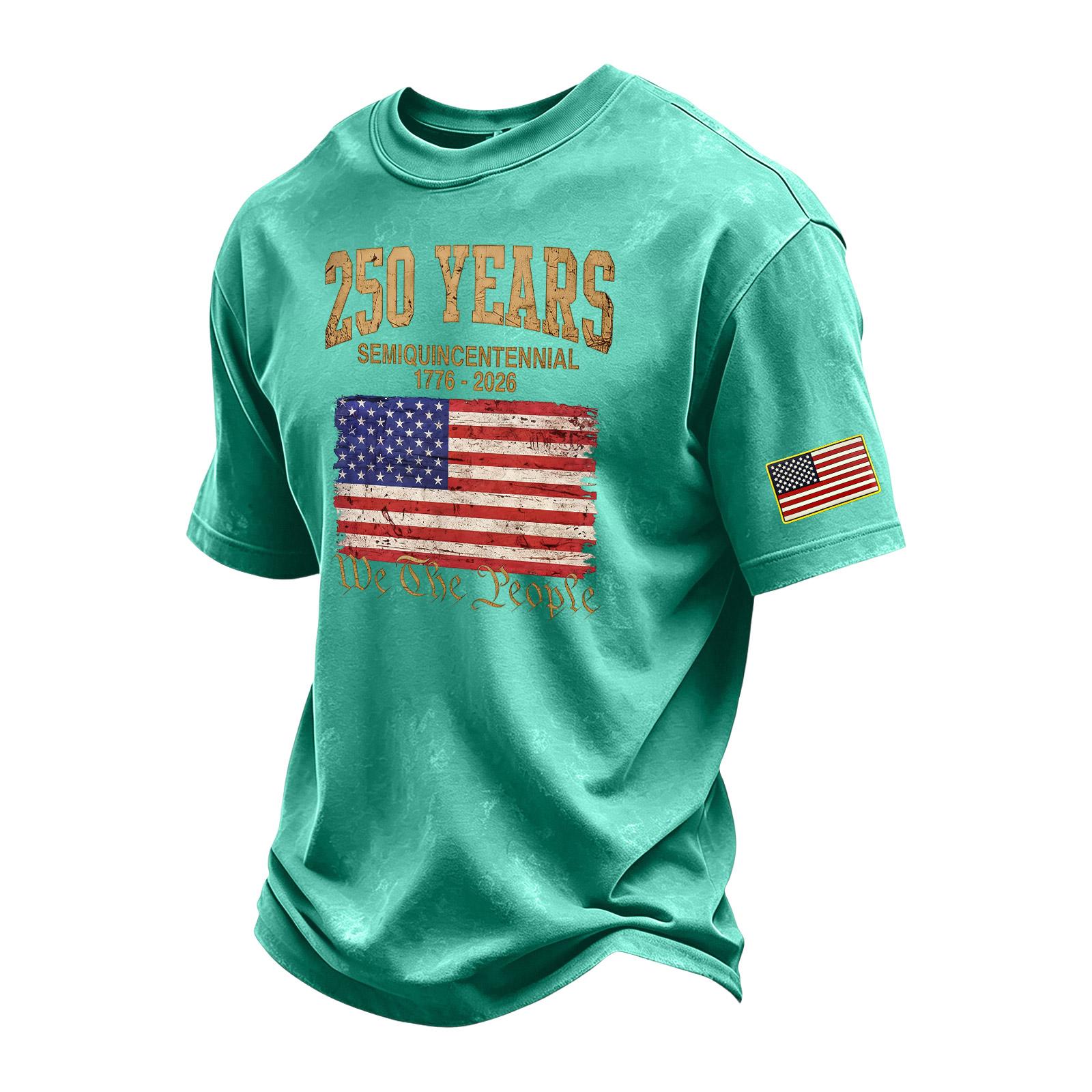 

Men s Vintage Washed Crew Neck Short Sleeve T Shirt with 250 Years Semiquincentennial Printed Graphic and Sleeve Patch for Casual Wear XL
