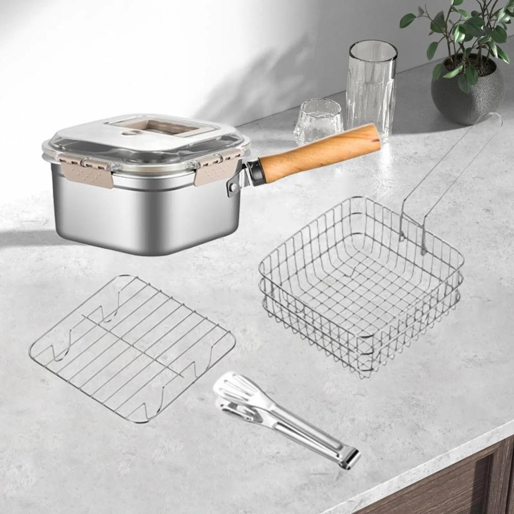 Stainless Steel Fryer Portable Outdoor Cooking Pot with Basket Lid Handle and Oil Filter Screen Multi-function Food Container