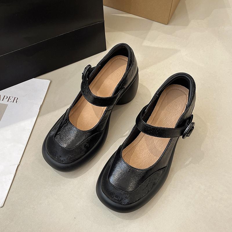

Модные женские туфли Мэри Джейн на массивном каблуке, весенняя новинка, круглый носок, мелкий вырез, комбинированная толстая подошва, нескользящий высокий каблук 40 чёрный