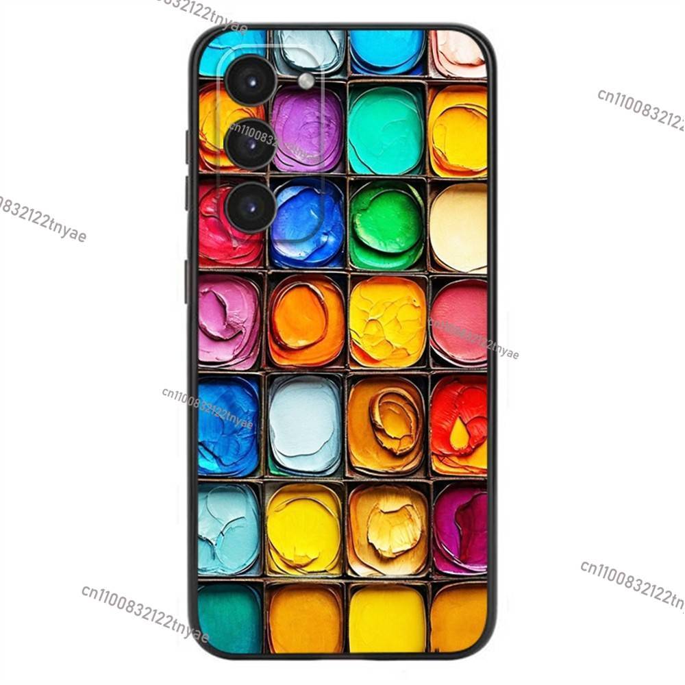 Zestaw Farb Wodnych Paleta Malarska Etui na Telefon Dla Samsung Galaxy A20,21s,22,31,32,52,53,72,73,80,91 Miękki Płynny Silikon Czarna Osłona