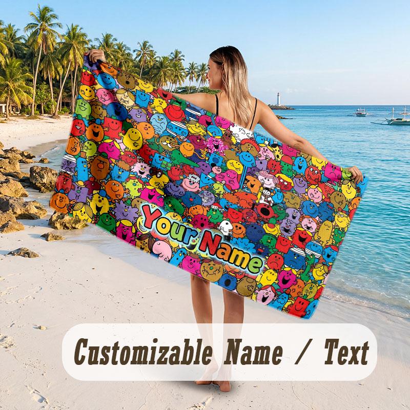Personalized Beach Towel,Mr. Men & Little Miss Custom Printed Name Text, Super Absorbent Towel For Beach Vacation