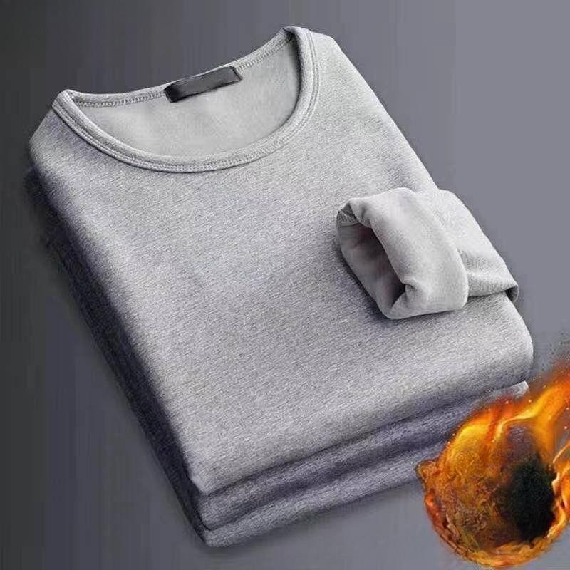 Plus Velvet Long-sleeved T-shirt Men's Cotton Round Neck Men's Bottoming Shirt Business Thermal Underwear Autumn and Winter Solid Color