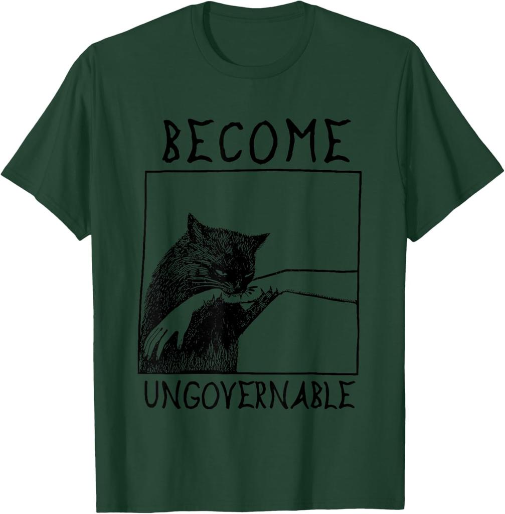 Become Ungovernable Biting Cat Meme Graphic Tee Cotton Casual Crewneck T-Shirt for Daily Wear