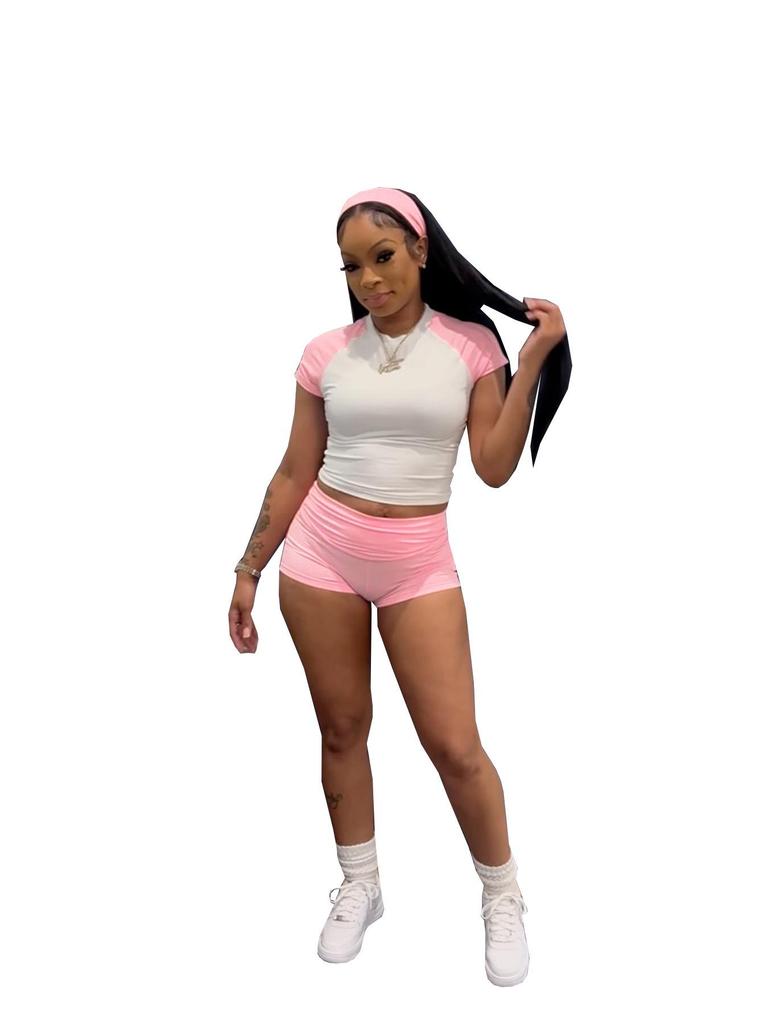 European-American Street Style Color Block Raglan T-shirt & High Waist Shorts Set - 2026 Hot Girl Casual Wear