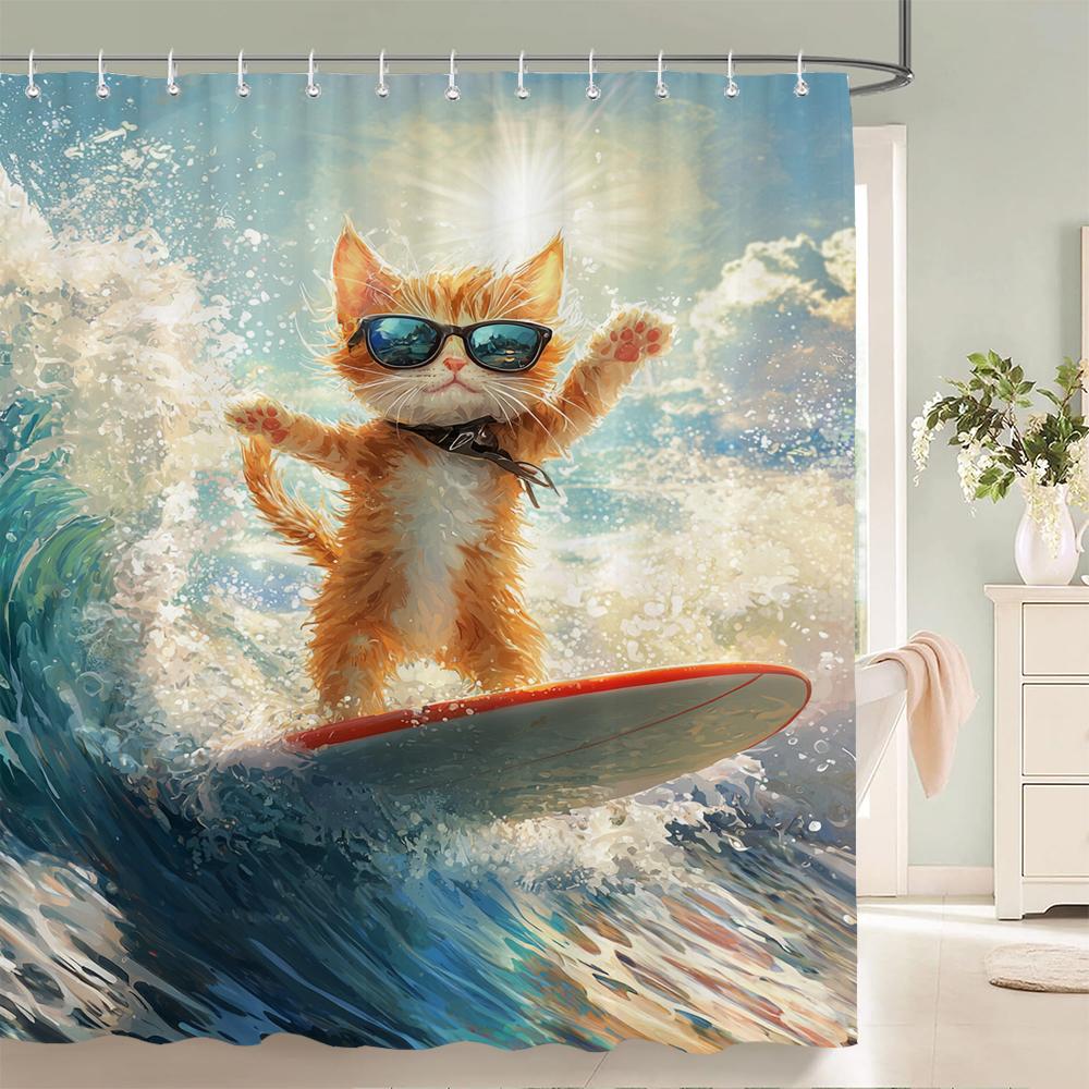 Funny and Creative Beach Cats and Dogs Fabric Shower Curtain Waterproof Polyester Bath Curtains for Bathroom Decorate with Hooks