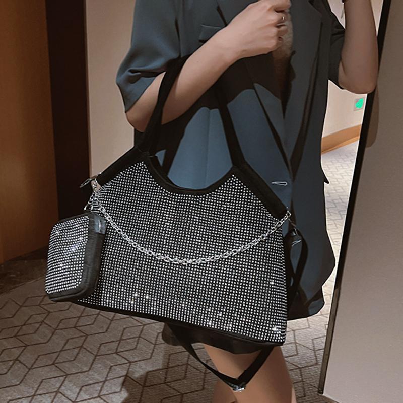 Yogodlns New Shiny Rhinestone Women's Large Capacity Shopping Totes Fashion Dinner Underarm Shoulder Bag Commuter Handbag