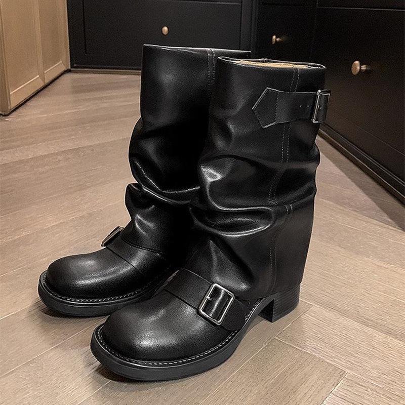 Fashion 2025 Autumn New Thick Heel Riding Women's Boots Pleated Buckle Knight Mid Calf Boots Fashion Casual Cool Girls Boots Zapatos