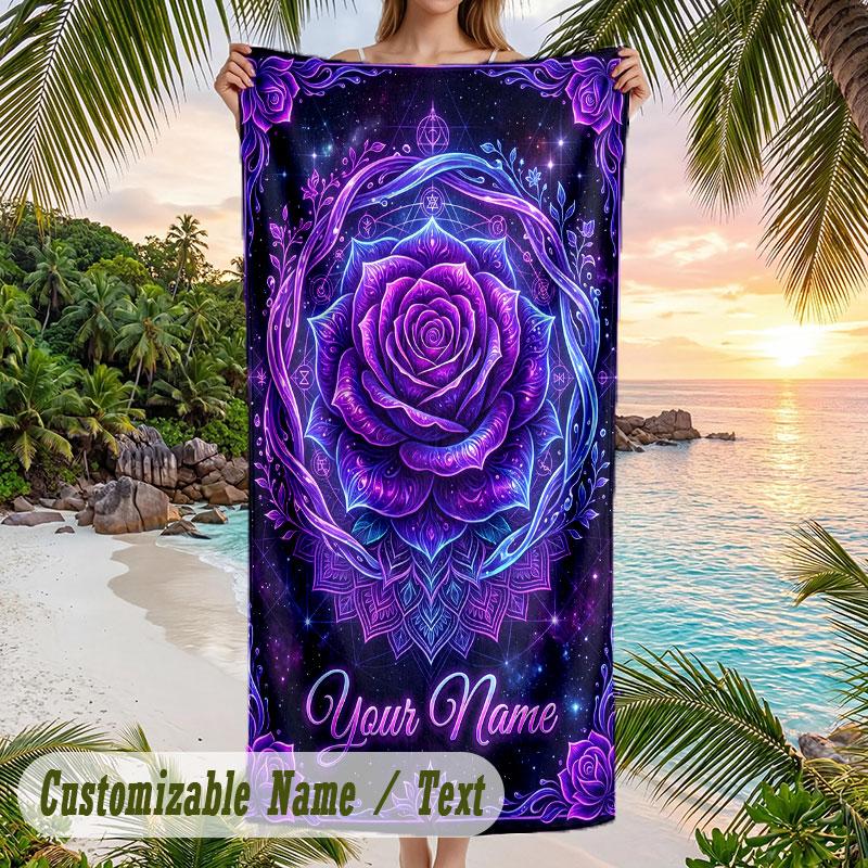 Purple Leopard Fashion Theme Quick Dry Beach Towel Custom Name Text Print Large Sand Resistant Towel Beach Vacation
