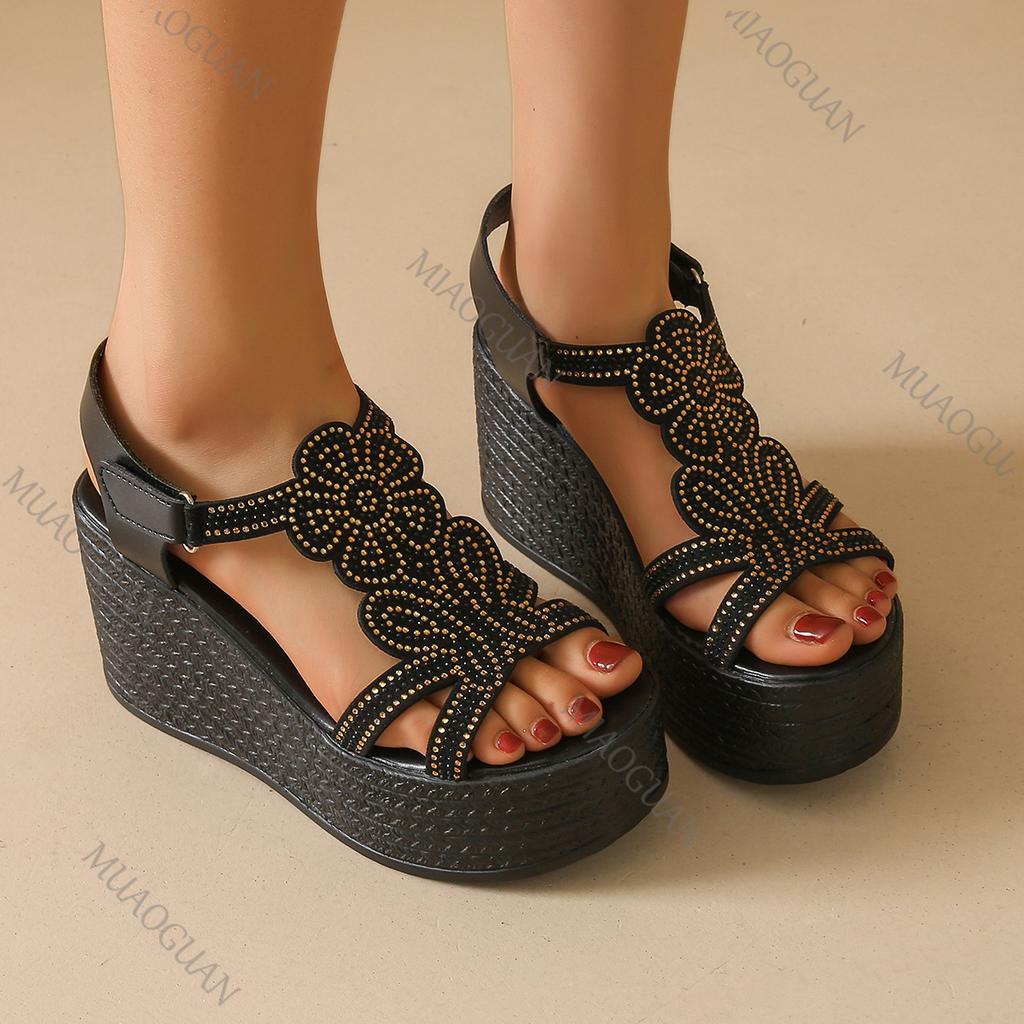 Fashion Thick Bottom Wedges Roman Sandals Women New Rhinestone High Heel Open Toe Big Size Sandales Casual Black Summer Gladiator Sandal
