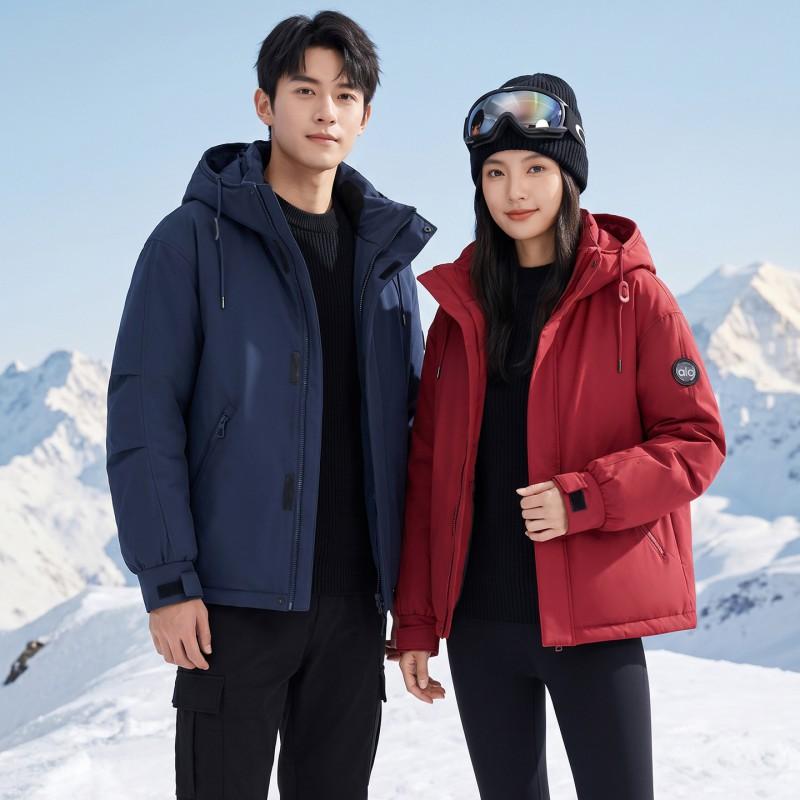 Unisex Hooded Puffer Jacket With 3D Black Gold Lining Warm Thick Cotton-Padded Coat Winter