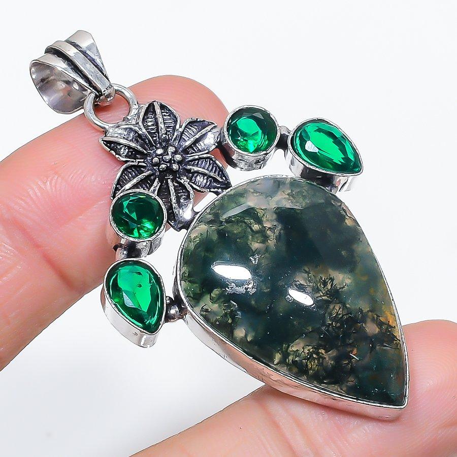 Natural Indian Moss Agate, Diopside 925 Sterling Silver Pendant 2.40" G4p87