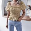 Women Spring Summer Chic Floral Print Shirt Blouse Top Square Collar Short Lantern Sleeve Ruffle Hem Slim Waist Simple Chiffon S-XL