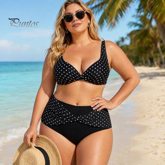 Flattering Plus Size Bikini 2Pcs/Set Set, Cross-Chest V-Neck Bra with Built-In Support, Women Swimwear High-Waisted Twist Swim Bottoms, Retro