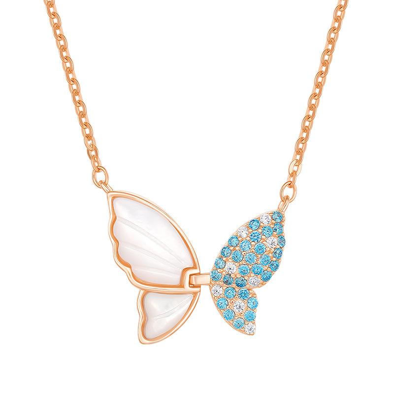 

925 Silver Butterfly Pendant Necklace with White Mussel Shell & Rhinestone , Trendy Clavicle Chain for Women 925 silver розового золота