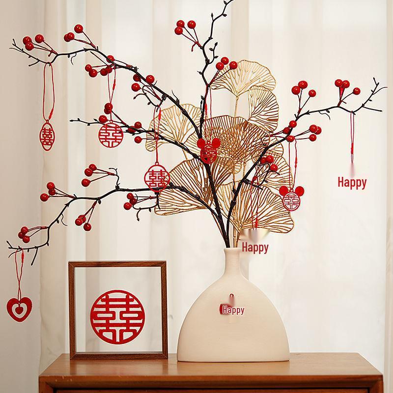 Red Fruit Prosperity Flower Arrangement Figurine for Wedding and Living Room Decor