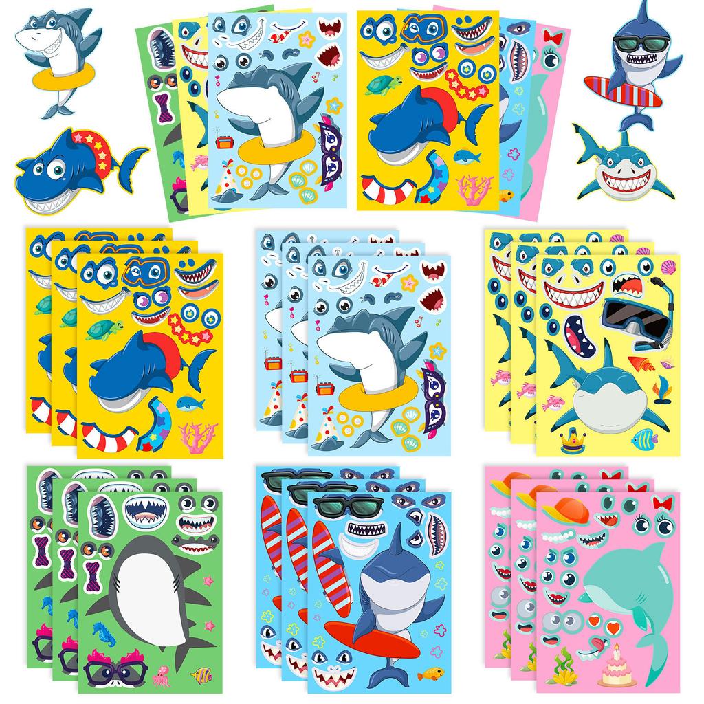 6 Stück/Packung Hai-Gesichts-Tausch-Puzzle-Aufkleber, DIY-Persönlichkeitsaufkleber, Meereslebewesen-Aufkleber