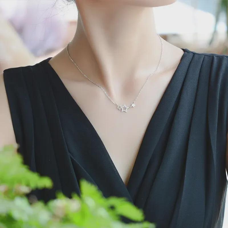 Silver-Plated Clavicle Necklace with Stone Stars - Cute Korean Jewelry Birthday Gift