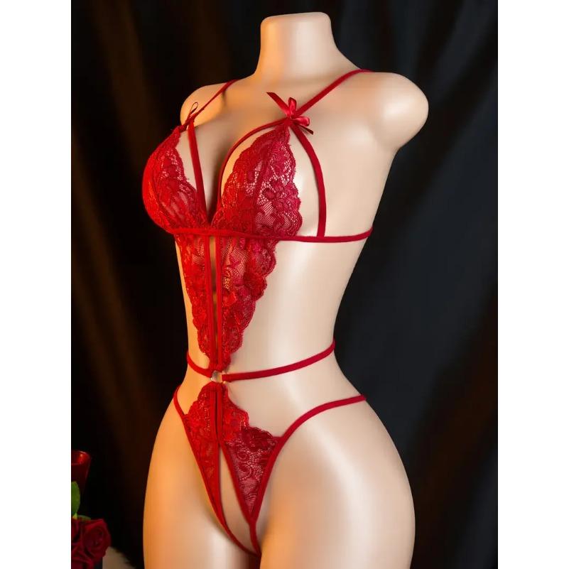 Red See Through Deep V Sexy Underwear Women One-piece Exotic Costumes Porn Hollow Crotchless Backless Erotic Bodysuit Lingerie