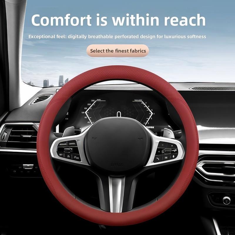 Premium Napa Leather Steering Wheel Cover Laser Perforated Non Slip Grip 14.6-15 In Universal Fit All Season Comfort Easy Tal