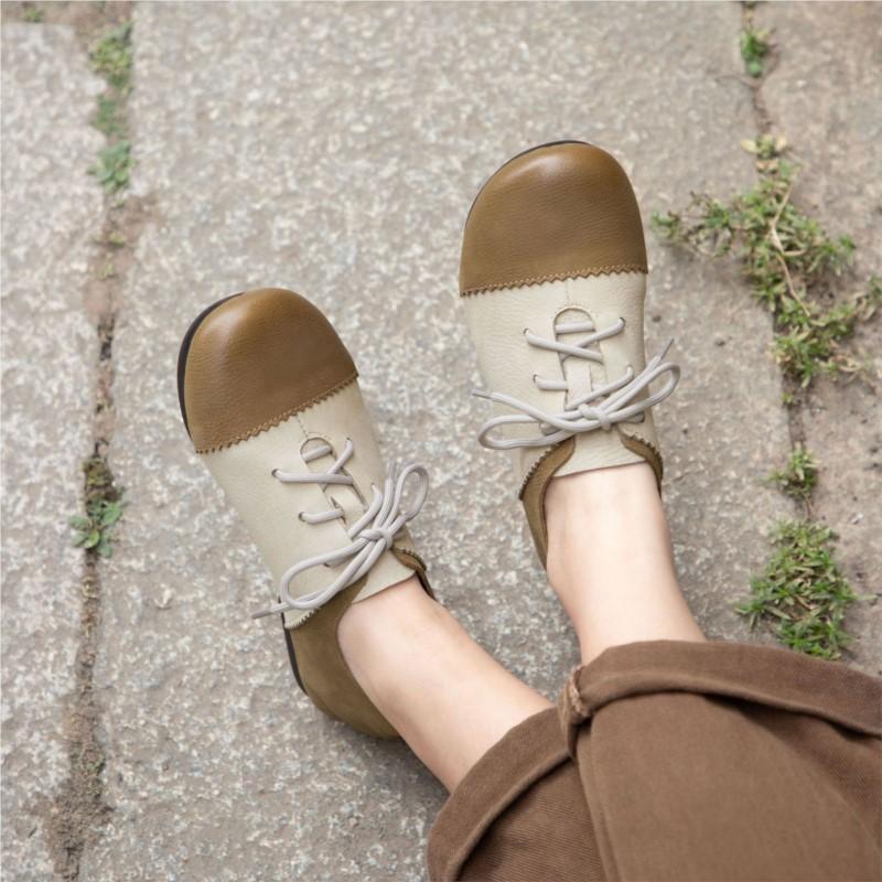 Johnature Cowhide Mixed Colors Casual Flats Comfortable Retro Genuine Leather Lace Up Versatile Women's Shoes