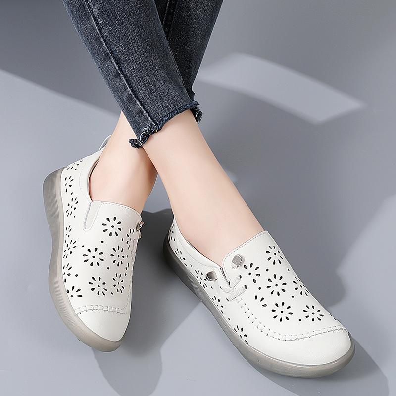 35-41 Women's Large Breathable Fashion Flat Leather Shoes with Hollow Out Shoes White Shoes Lefu Shoes