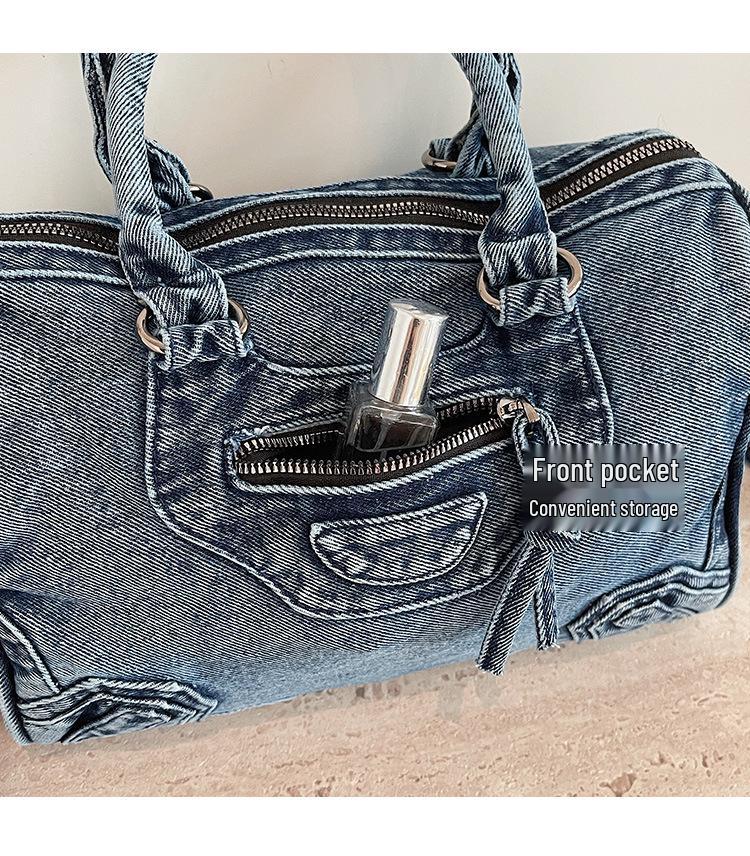 2026 Retro Denim Motorcycle Bag with Patchwork and Rivet Decoration – Crossbody, Shoulder, Handbag