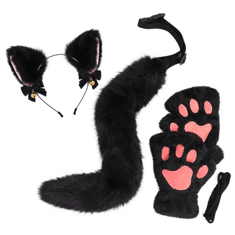 Cat Ear Headband With Bell Set Kawaii Paw Gloves Tail Accessory Cosplay Party Costume