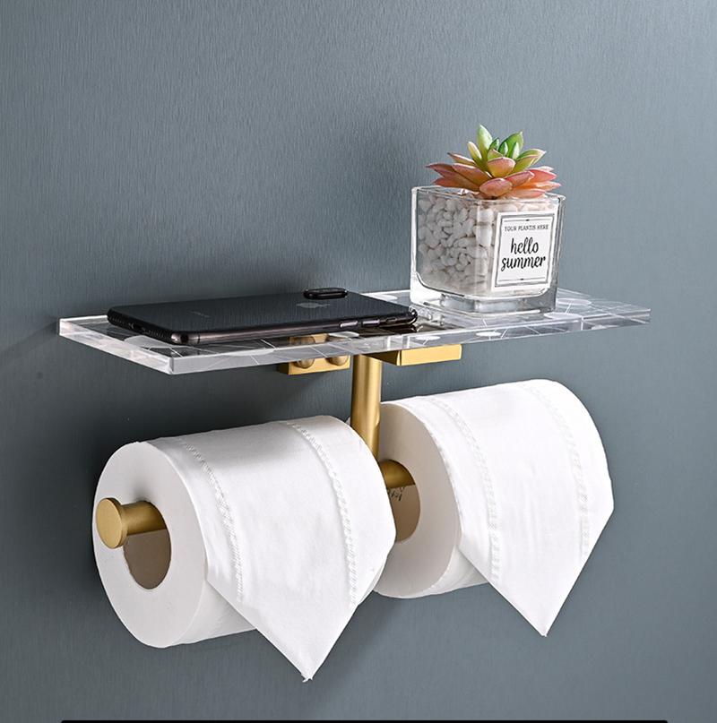 Brushed gold/Black Bathroom Paper Roll Holder Aluminum Wall-mounted Toilet Paper Rack Phone Holder Tissue Holder Acrylic Shelf