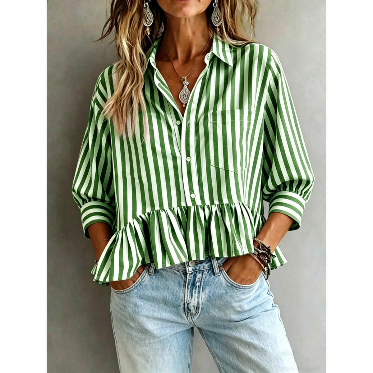 Women s Striped Ruffle Trim Cropped Three-quarter Sleeve Blouse Shirt S