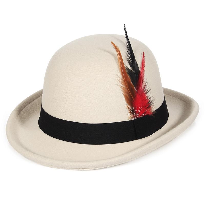 Eleganter Damen Cloche Hut Herbst Winter Vintage Damen Weicher Party Kirchenhut Eimerhut mit Feder