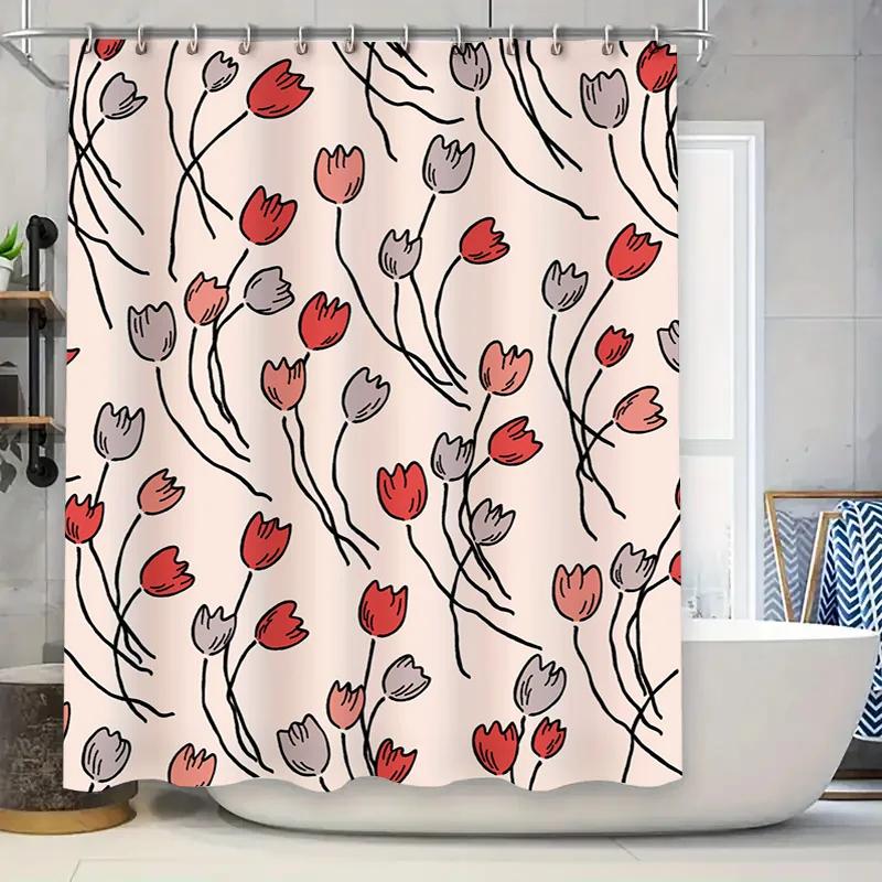 Minimalist Floral Shower Curtain Set Pink Red Tulips Pattern Bath Decor for Home Waterproof Fabric, Includes Rod Holders