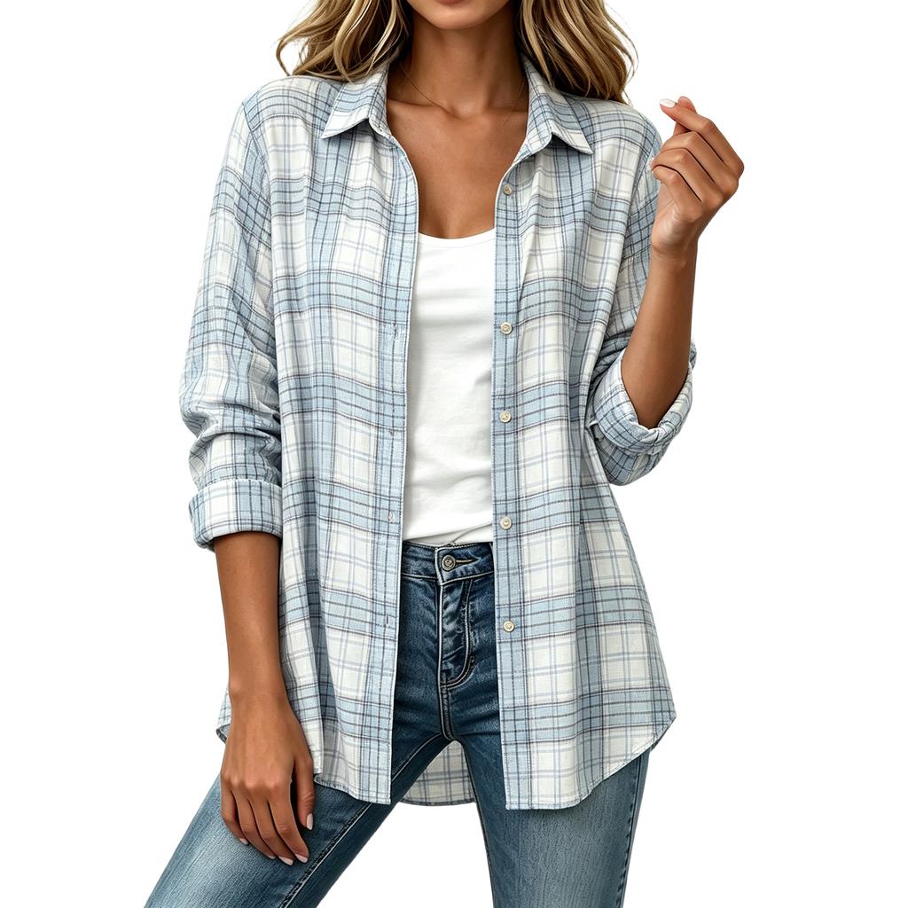 Camisa a Cuadros de Manga Larga para Mujer Top a Cuadros para Uso Casual en el Trabajo y Diario