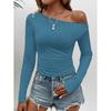 Solid Color Slanted Neck Long Sleeved Top Solid Diagonal Collar Long sleeve Top Women