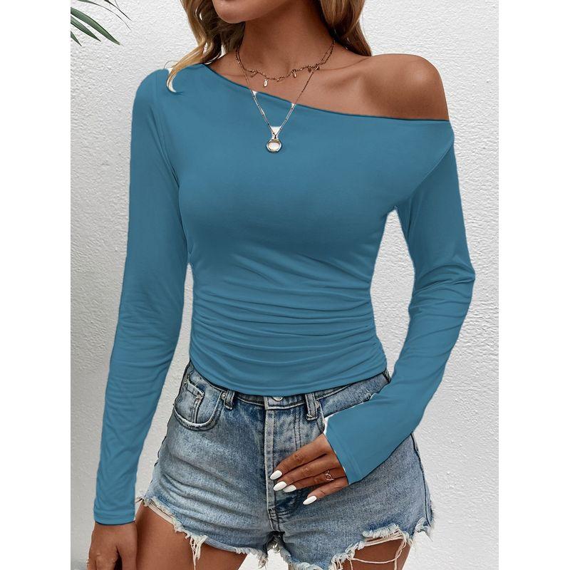 Solid Color Slanted Neck Long Sleeved Top Solid Diagonal Collar Long sleeve Top Women