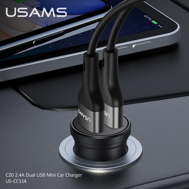 USAMS 2.4A 5V Dual USB Car Charger USB 2 Ports Cigarette Lighter Adapter Charger Mini Power Adapter for IPhone IPad Huawei Samsung Xiaomi Smart Phones