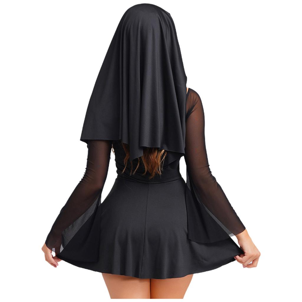 Damer Frekk Nonne Kostyme Halterneck Nettingermer Culotte-stil Kjole Hodeplagg Partykostyme