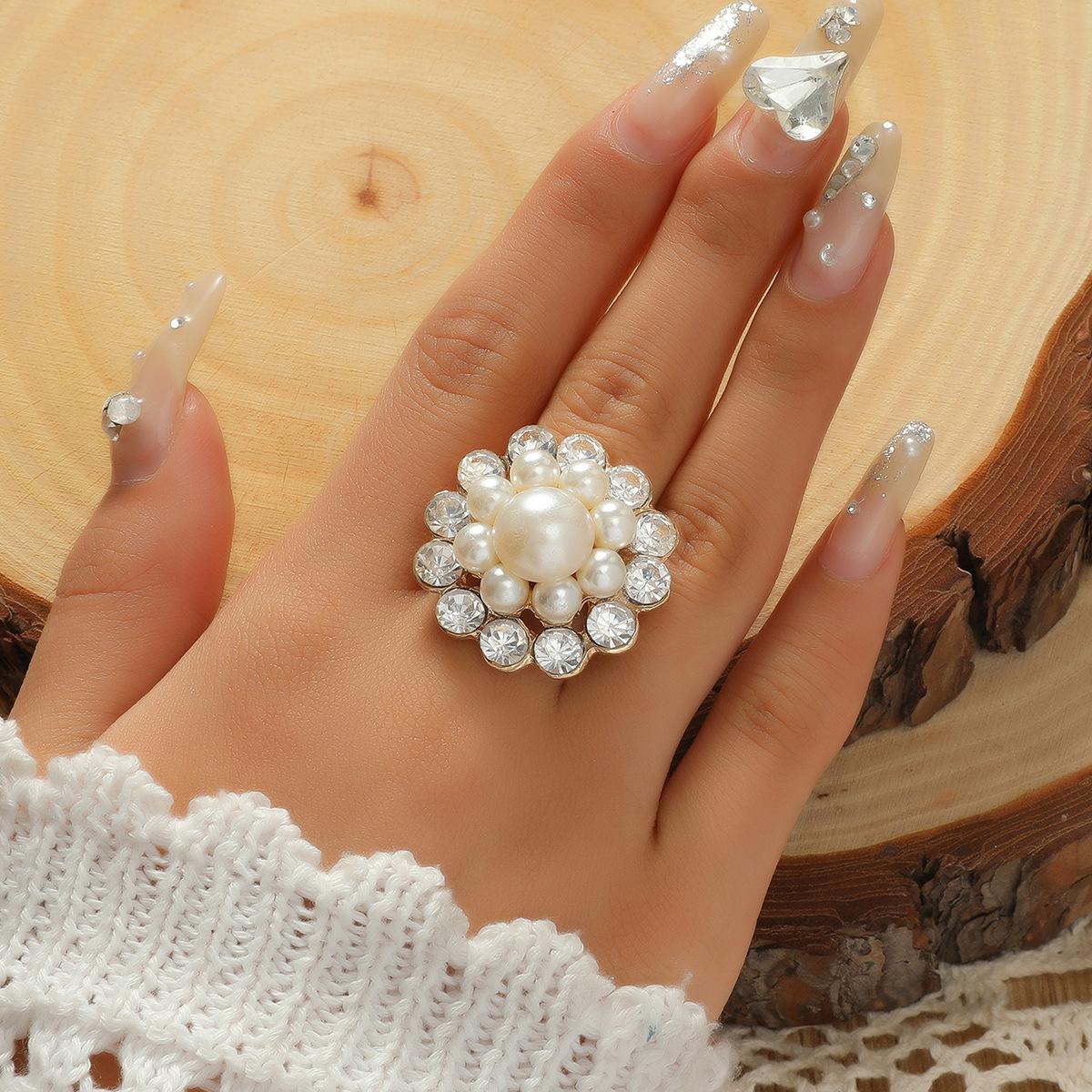 Korean-Style Elegant Pearl Rhinestone Flower Ring for Women