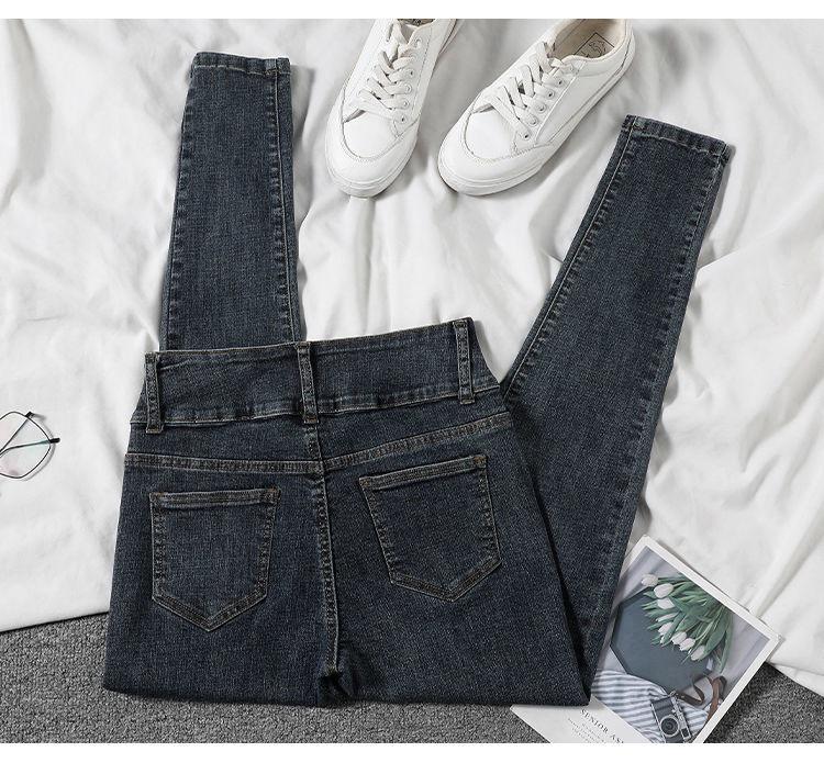 Women's High Waist Elastic Denim Skinny Pants - Double Button Pencil Style for Spring, Autumn, Winter