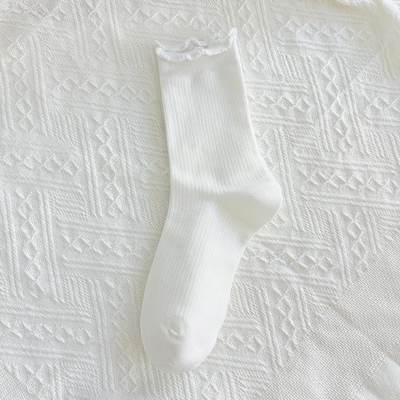 Schwarze Socken mit Ohrbesatz für Damen, Wadenlange Socken für Herbst und Winter, Trendige einfarbige Baumwollsocken, Frotteesocken mit Spitze, Nahtlose Damensocken