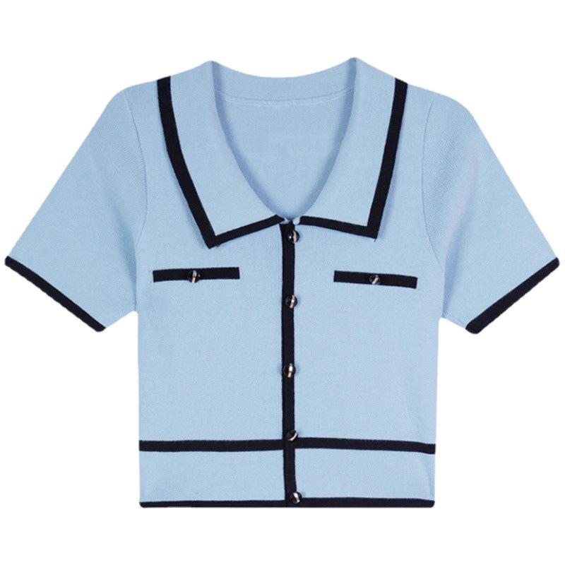 Summer New Loose Ice Silk Short-sleeved T-shirt Women Design Sense High Waist Short Shirt Polo Shirt Blouse Women