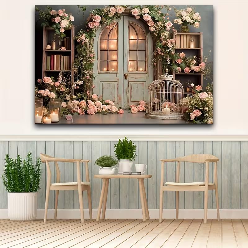 2D Vintage Door Floral Tapestry, Pink Rose Arch Backdrop for Wedding, Bridal Shower, Engagement & Photoshoot