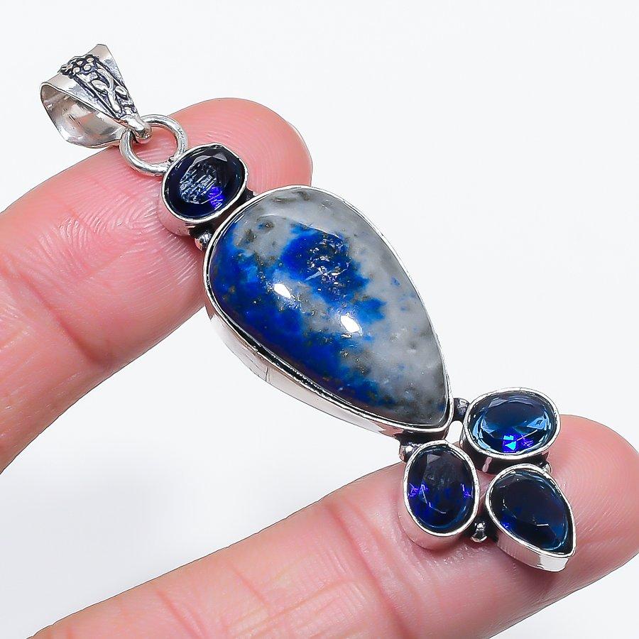 Natural Lapis Lazuli, Topaz 925 Sterling Silver Jewelry Pendant 2.64" v1R93