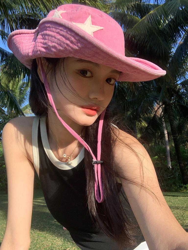 Vintage star western cowboy hat women spring summer sweet cool babes sunshade sun climbing hat outdoor camping bucket hat