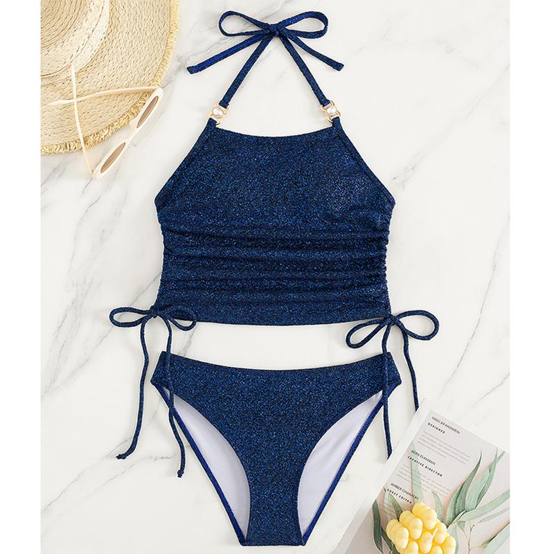 

New Two-Piece Bikini Set Women Swimsuit Halter Lace Up Summer Fashion Metal Decor Backless Swimwear Bathing Beachwear XL синий