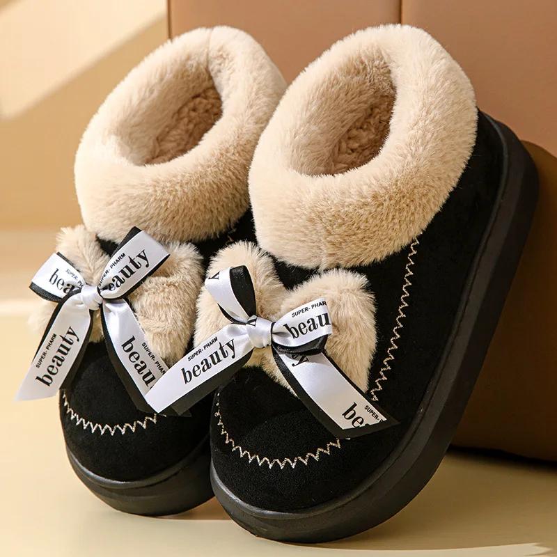 Fashion Women's Bowknot Decor Platform Snow Boots Faux Suede Thicken Plush Winter Shoes Woman Fashion Fluffy Faux Fur Warm Ankle Boots